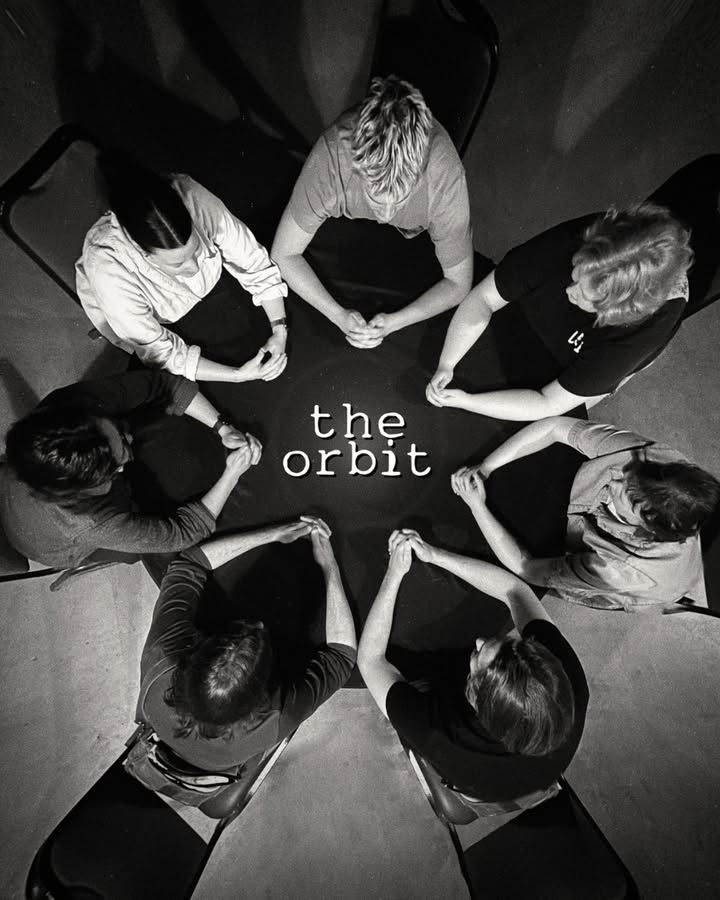 The Orbit improv ensemble performing in the round at iO Theater Chicago, overhead view